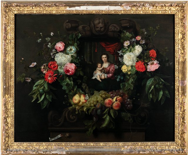 Madonna and Child, seated beneath red drapery inside a stone niche, surrounded by a garland of flowers by Frans Ykens