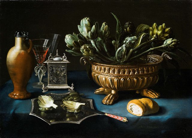 Still life with artichokes in a silver gilt wine cistern and other silver objects by Alexander Adriaenssen
