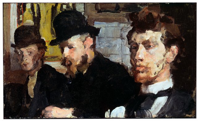 Group portrait with from left to right the artists Carel Adolph Lion Cachet, Gerrit Willem Dijsselhof en Theo Nieuwenhuis by Isaac Israëls