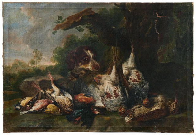 A hunting dog with dead birds at the foot of a tree by Jan Fyt