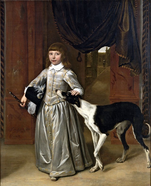 Portrait of a boy, full-length, with a dog by Ludolf de Jongh