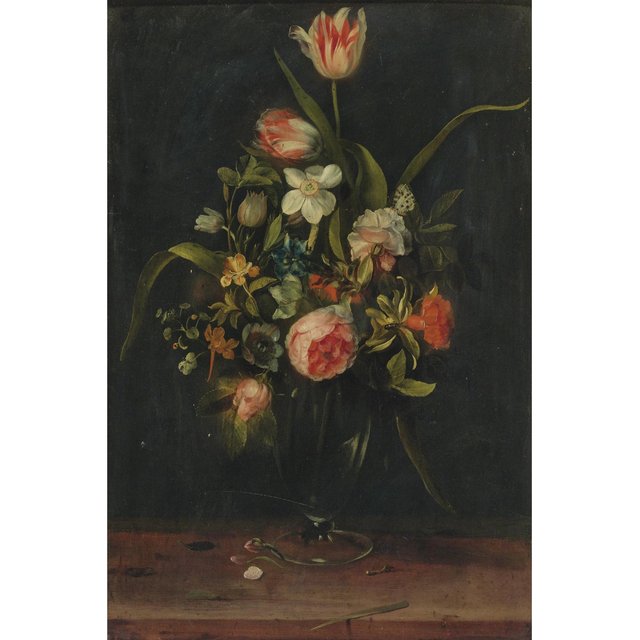 Still life of roses, tulips, narcissus and other flowers in a glass vase by Frans Ykens