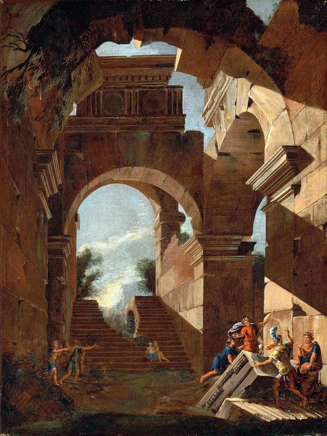 Architectural capriccio with figures amongst ruins by Viviano Codazzi