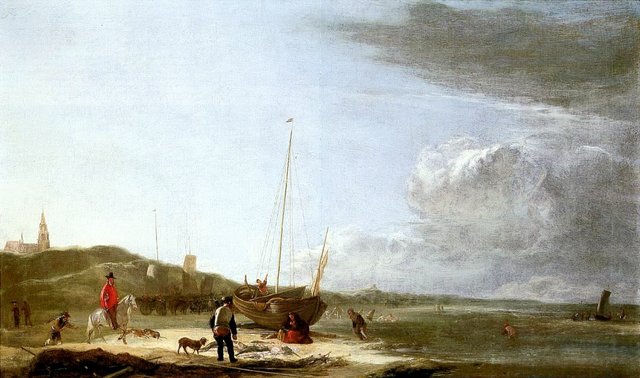 The beach at Scheveningen, with fisherfolk displaying their catch by Ludolf de Jongh