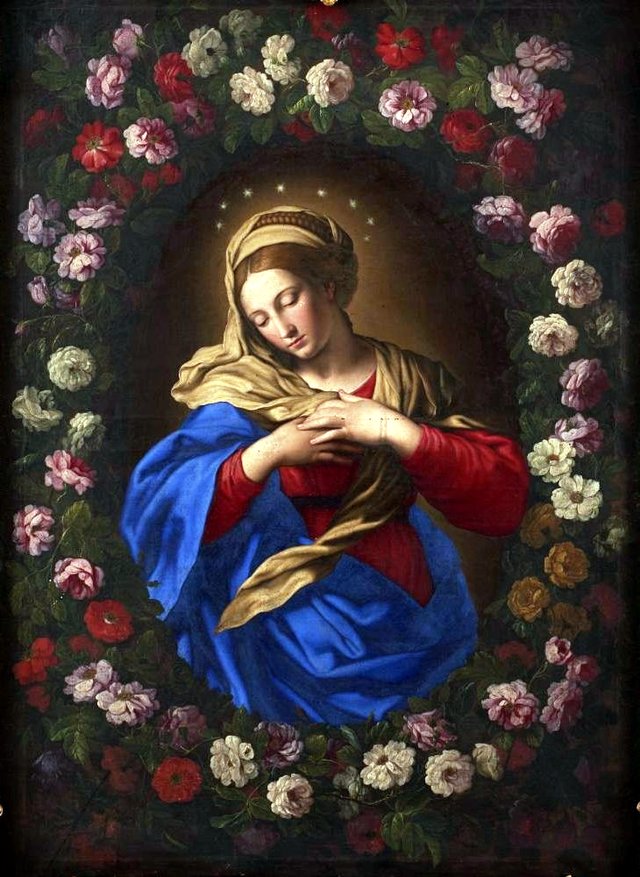 Our Lady in a garland of roses. by Giovanni Battista Salvi da Sassoferrato