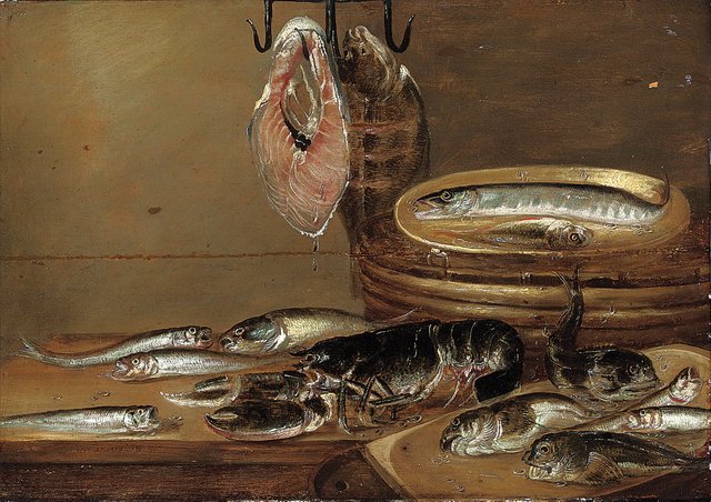 Still life with fish and a lobster on a table by Alexander Adriaenssen