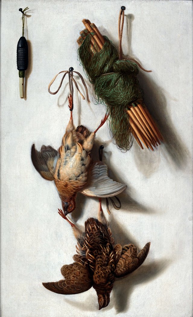 Trompe l’Oeil of Dead Fowl, a Hunting Net and a Whistle Suspended from four Nails by Jacob Biltius