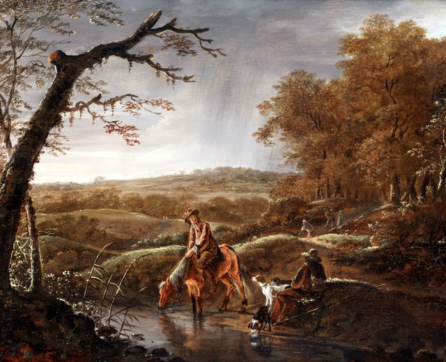 Hunters at rest with a horse and dog near a stream by Ludolf de Jongh