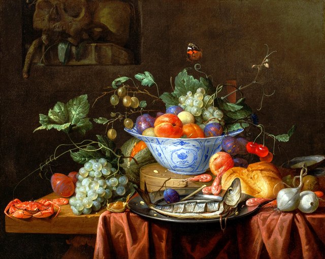 Pronk Still Life with Fruit in a Wan-Li Porcelain Bowl, with a Herring on a pewter Plate, a Bread Roll, Onions, a Crab and Shrimps on a Table and a Vanitas Still Life with a Skull in a Niche by Joris van Son
