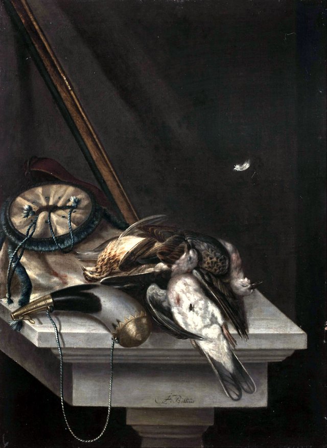 Thrushes, turtle doves and powder on an entablature by Jacob Biltius