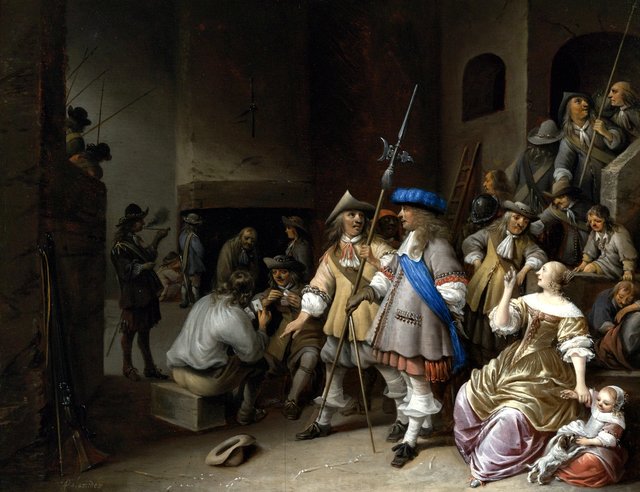Guardroom Interior with a Company of Pikemen, card players, and a woman with a child by Anthonie Palamedesz.