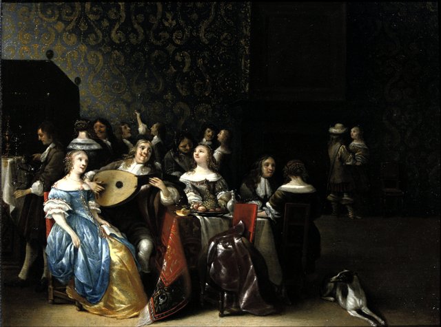 An elegant company making merry in an interior by Anthonie Palamedesz.