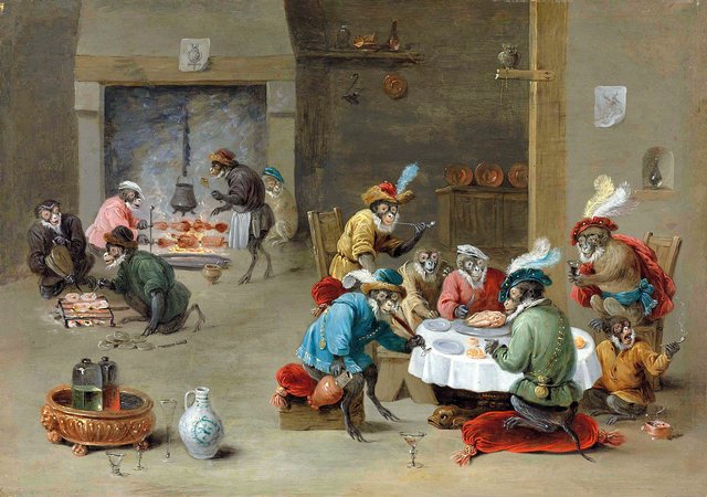 Monkeys smoking, drinking and preparing a meal in a kitchen by Abraham Teniers