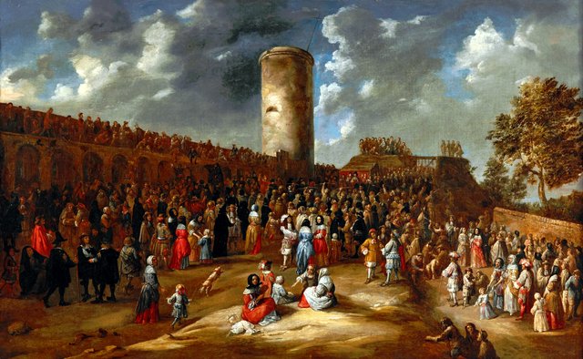 An archery competition outside the walls of a town by Gillis van Tilborgh