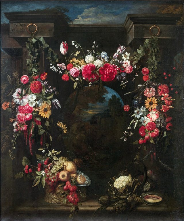 Garland of flowers, fruits and vegetables surrounding a landscape with a river god by Frans Ykens
