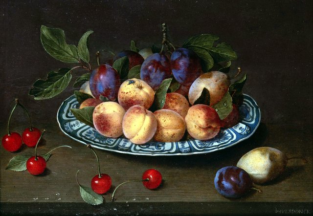 Platter of plums, peaches and pears with cherries on a table by Jacob van Hulsdonck