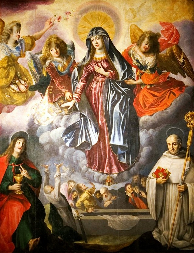 Assumption of Mary with St. John the Evangelist, St. Bernard of Clairvaux and the apostles at the tomb. by Bartlomiej Strobel
