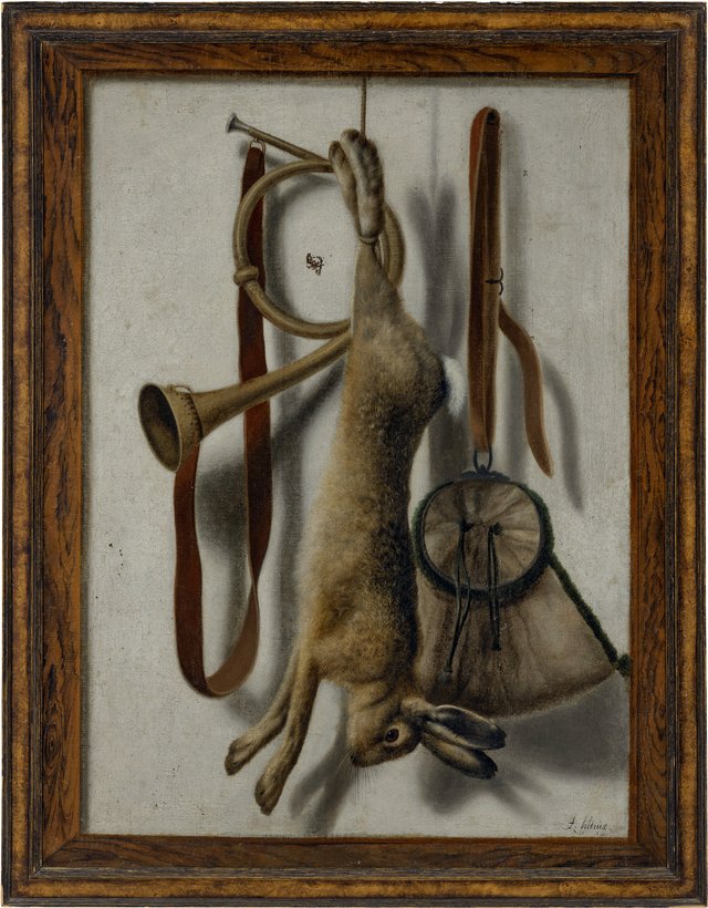 Trompe l'œil of a hare, hunting horn and hunting satchel by Jacob Biltius