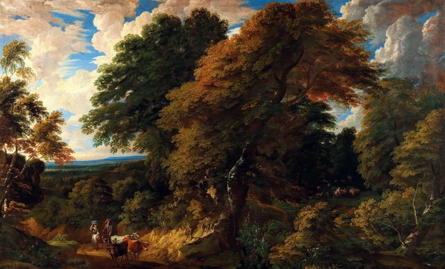 Wooded landscape with peasants and their cattle by Cornelis Huysmans