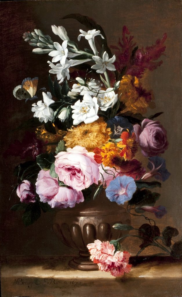 Roses, jasmine, primroses and other flowers in an urn on a stone ledge by Abraham Brueghel