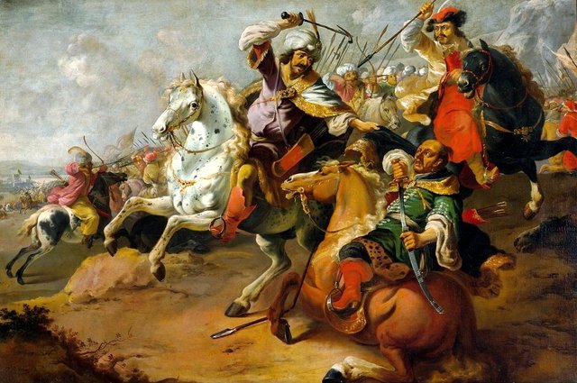 A cavalry battle between Turks and Polish riders. by Dirk Stoop