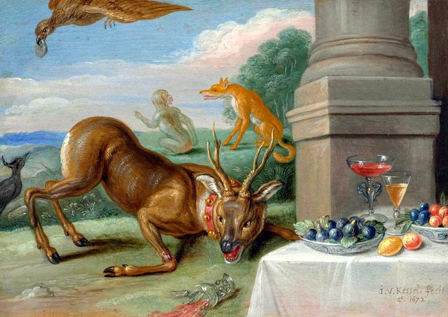 Four scenes from Aesop's fables, The sick roebuck by Jan van Kessel the Elder