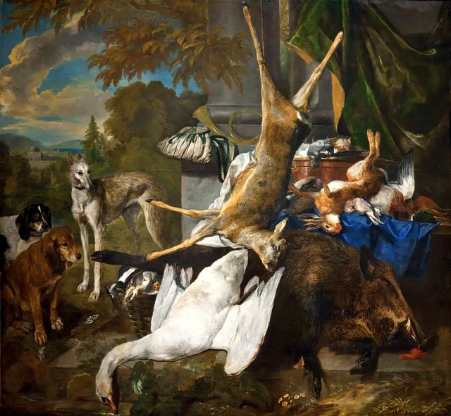 Still life of game and dogs by Pieter Boel