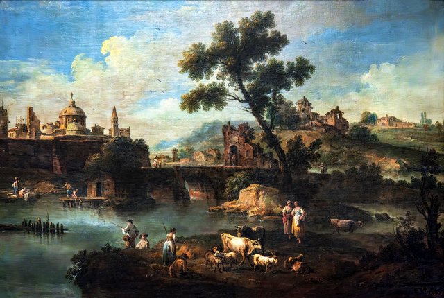 Landscape with a River, a Bridge, and Animals by Giuseppe Zais
