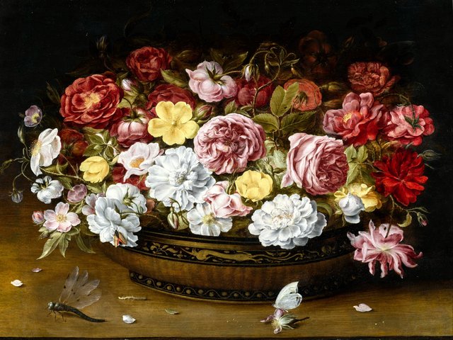 Still life of roses in an oriental lacquer and canework bowl, on a ledge with a butterfly and dragonfly by Osias Beert
