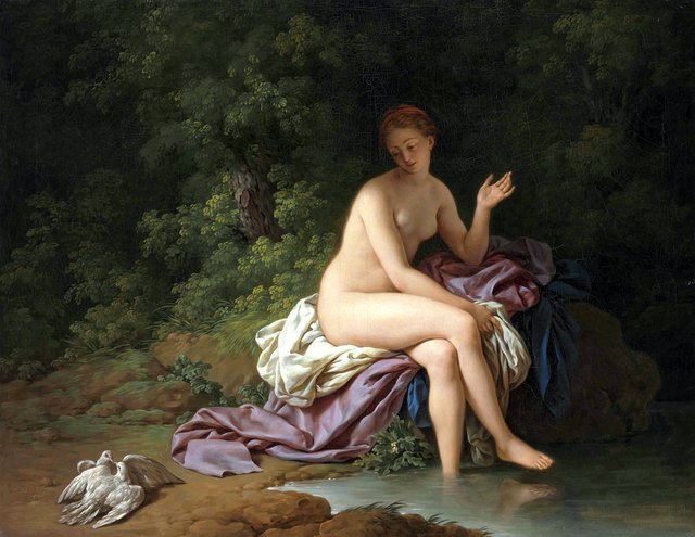 A lady bathing by a river, with two turtledoves by Louis-Jean-François Lagrenée