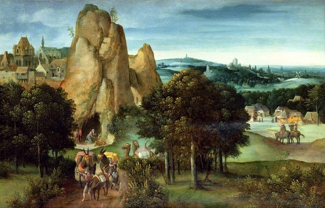 Rocky landscape with muleteers, camels, and Saint Jerome by Joachim Patinir