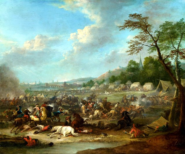 An Encampment and Cavalry Battle before a Town by Karel Breydel