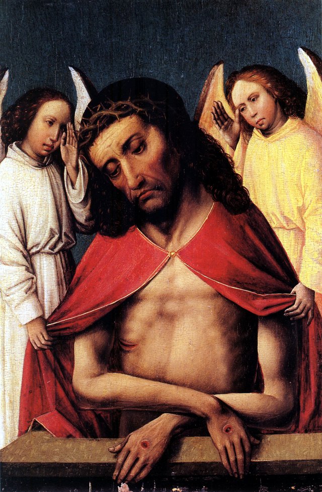 Christus als Man van Smarten tussen twee engelen by Colijn de Coter