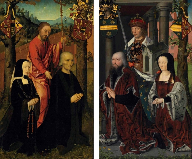 Two wings from an altarpiece: A portrait of the donors Philip Hannock and Maria Colinsone with Christ; and A portrait of the donors Charles de Clercq and Anne Hannock with Saint Charlemagne by Master of the Legend of the Magdalene