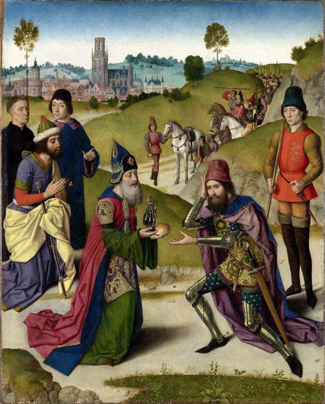 The meeting of Abram [Abraham] and Melchizedek, the high priest and king of Salem, who brings bread and wine (Genesis 14:18-24) by Dieric Bouts