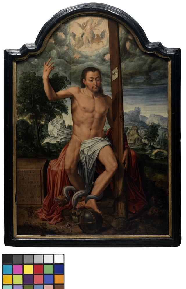 Christ in triumph; in the sky the Vision of Ezekiel of God sitting on his throne carried by four tetramorphs, each of them having four wings; wheels within wheels beside them(Ezekiel 1:4-28) by Marcus Gheeraerts the Elder