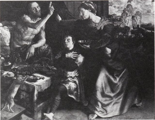 Isaac lying in bed blesses Jacob who, disguised in Esau's clothes, brings food to his father; Jacob's hands and neck are covered with goatskins (Genesis 27:27-32) by Jan Sanders van Hemessen