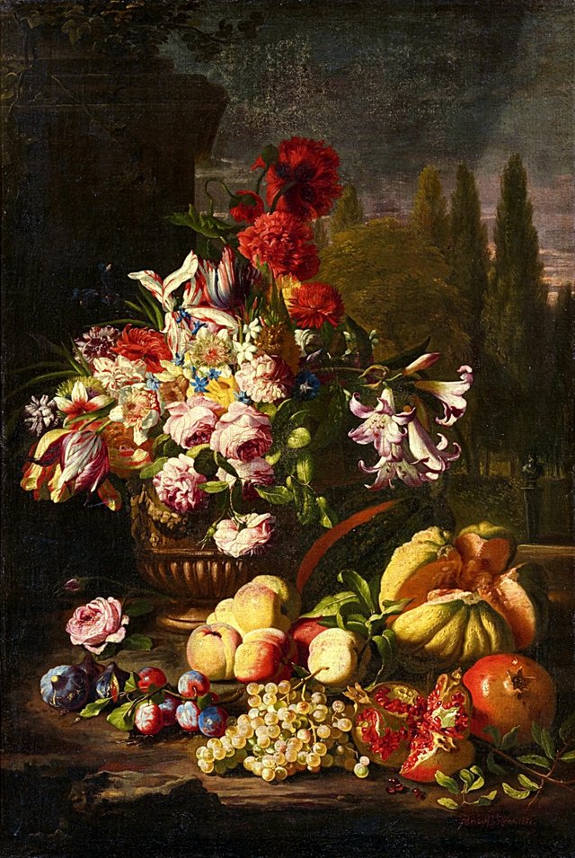 Flower and Fruit Still Life in a Park Landscape by Abraham Brueghel