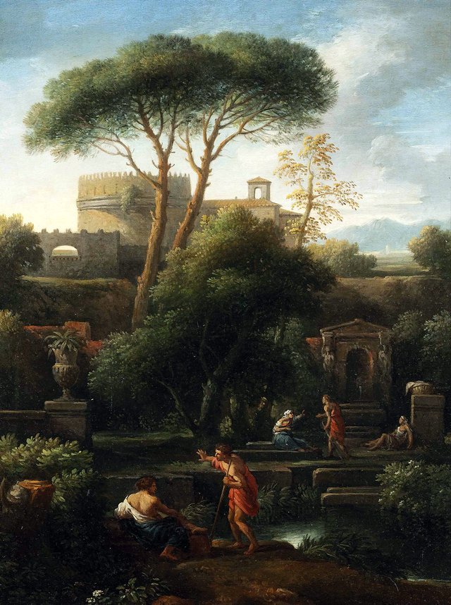 Italianate landscape with washerwomen and other figures conversing by a stream, classical buildings including the tomb of Cecilia Metella beyond by Jan Frans van Bloemen