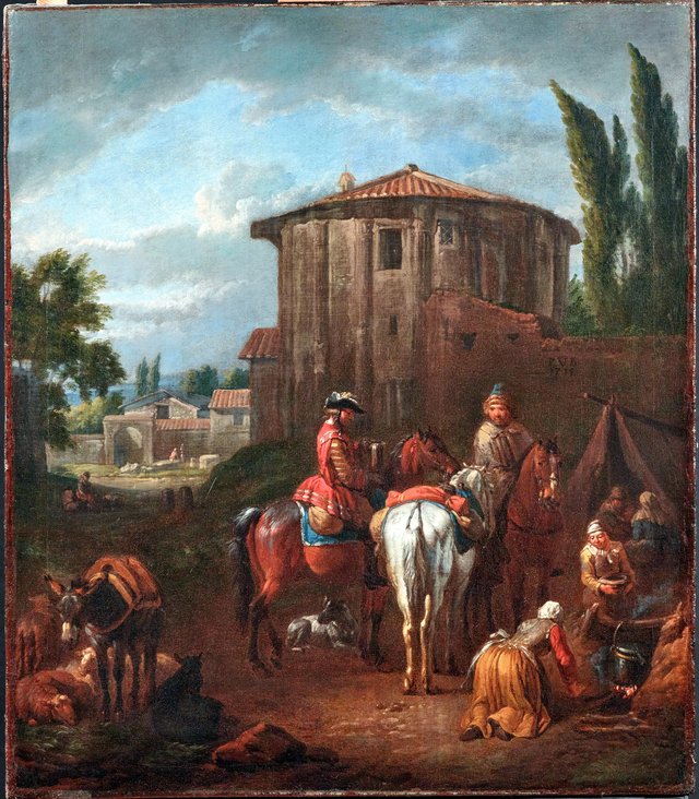 Roman landscape with figures and animals in front of the Temple Vesta by Pieter van Bloemen
