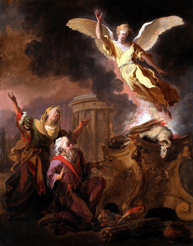 Manoah's sacrifice; the angel ascends in the flames (Judges 13:1-20) by Abraham Hondius