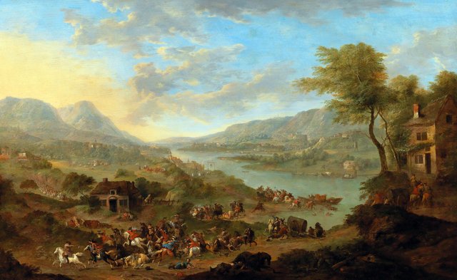 Cavalry skirmish near a river by Karel Breydel