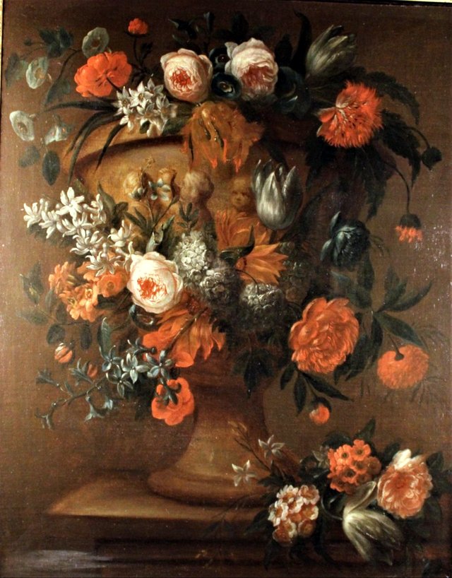 Vase of flowers on an entablature by Ignatius van der Beken