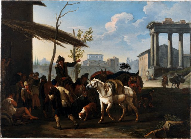 Peasants outside an inn, a town and ancient ruins beyond by Pieter van Bloemen