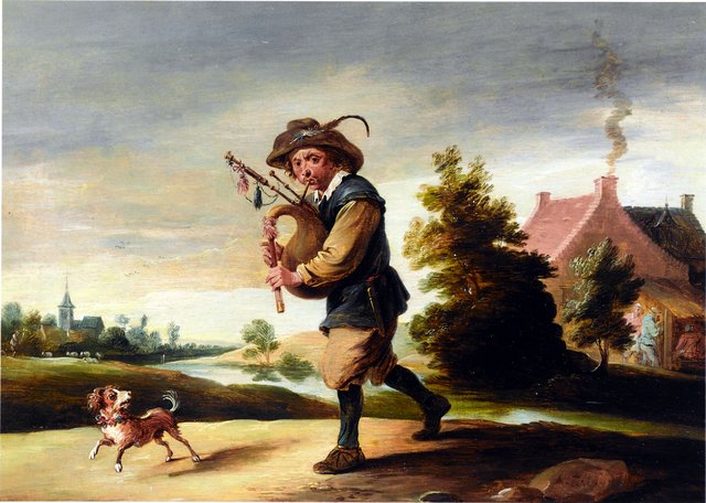 A boor playing a bagpipe in a landscape by Abraham Teniers