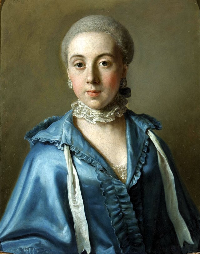 Portrait of a lady with a blue dress and lace collar by Jean-Étienne Liotard