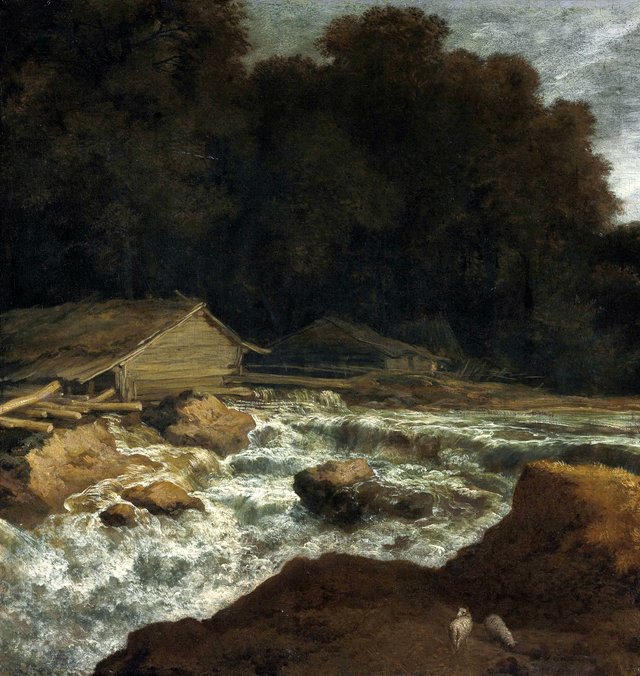 A wooded river landscape with a woodmill by a weir by Allaert van Everdingen