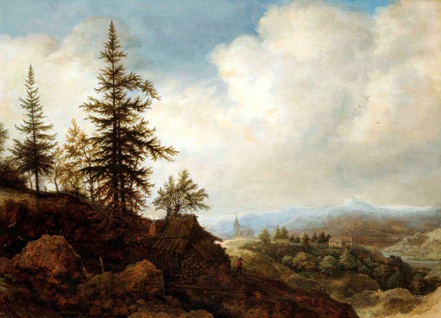 A mountainous landscape with a figure passing a timber shed in the foreground by Allaert van Everdingen
