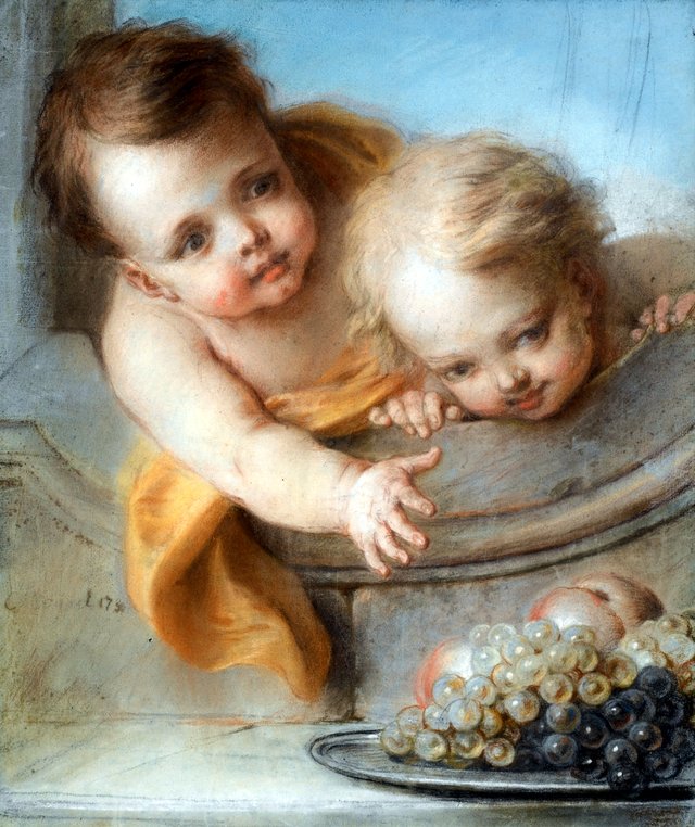 Allegory of autumns, Two children holding a tray with peaches and grapes by Charles-Antoine Coypel