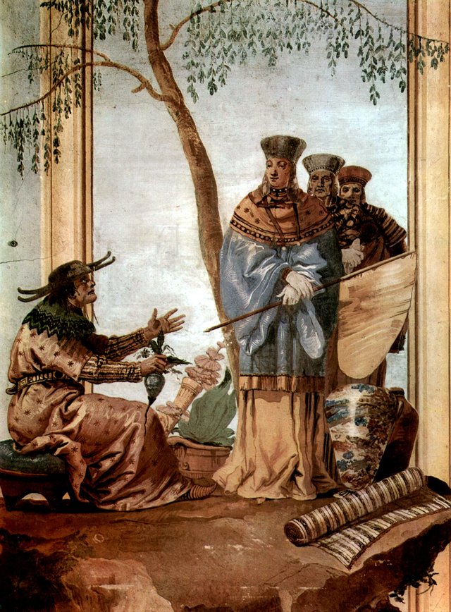 Fresken in der Villa Vallmarana, Vicenca, Szene: Chinesischer Prinz beim Wahrsager" by Giovanni Domenico Tiepolo